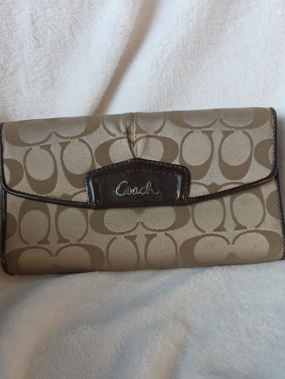 Coach Tan Signature Canvas Wallet with Dark Brown Trim
